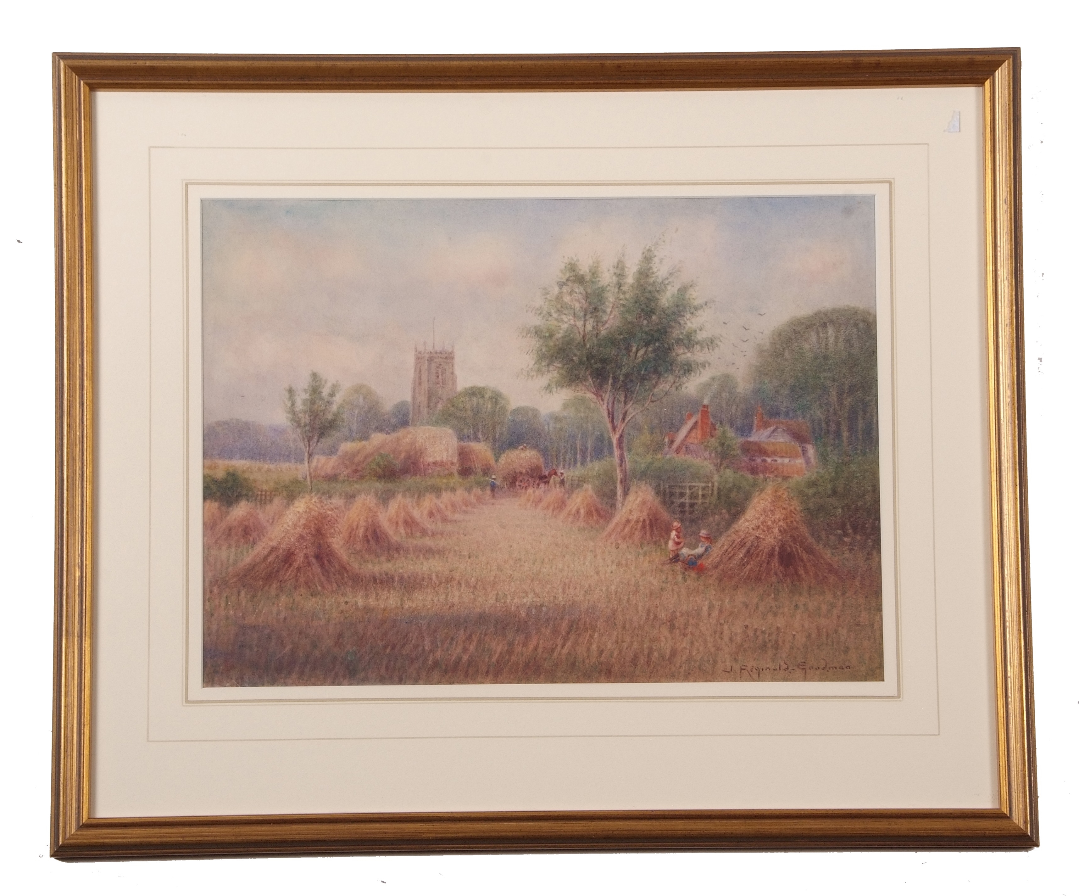 J. R. Goodman | harvest scene with cottages and a church in the ...