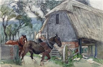 Horses by a Barn - Geoffrey Alan Baker