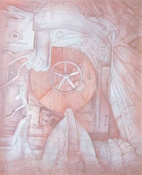 Artwork by Guy Mahe, Machine étouffée, série n°2, n°7, Made of watercolor on blue acrylic background on paper