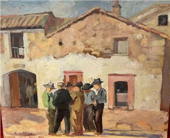 Hommes discutant dans un village - Pierre Valade