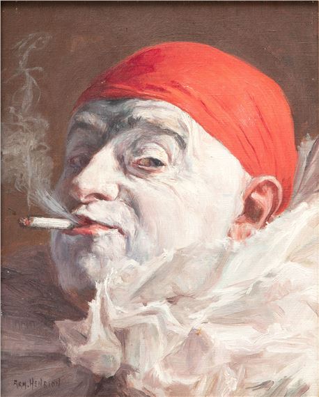 Armand Francois Joseph Henrion | Armand Francois Joseph Henrion (French,  1875-1958) Oil on Canvas, Clowns with Cigarettes, H 10.75 W 8.5 2 pcs  (1875)