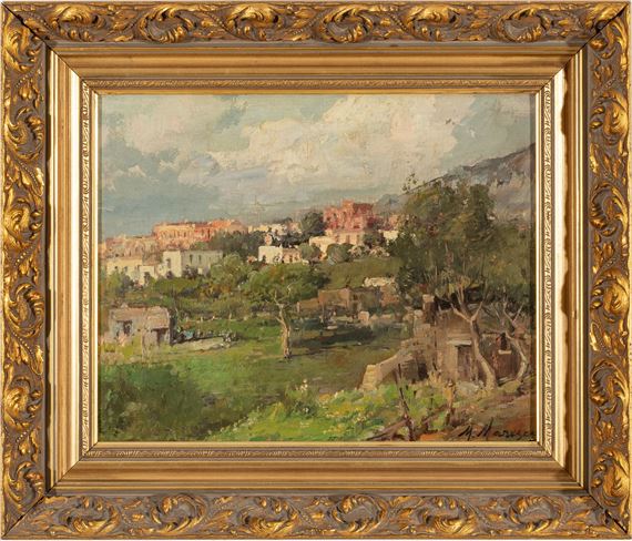 Mario Maresca (Italian, 1877-1959) Oil on Canvas, Early to Mid 20th C., Italian Village Landscape, H 12" W 14.5" by Mario Maresca