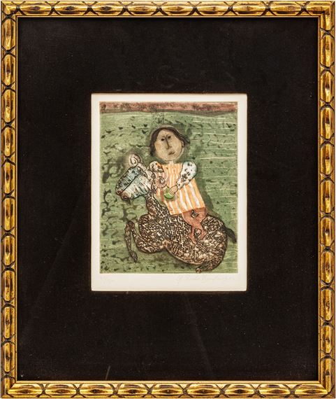 Graciela Rodo Boulanger (Bolivian, B. 1935) Lithograph on Paper with Hand Embellishments, "Young Girl Riding a Goat", H 9.75" W 7.75" by Graciela Rodo-Boulanger