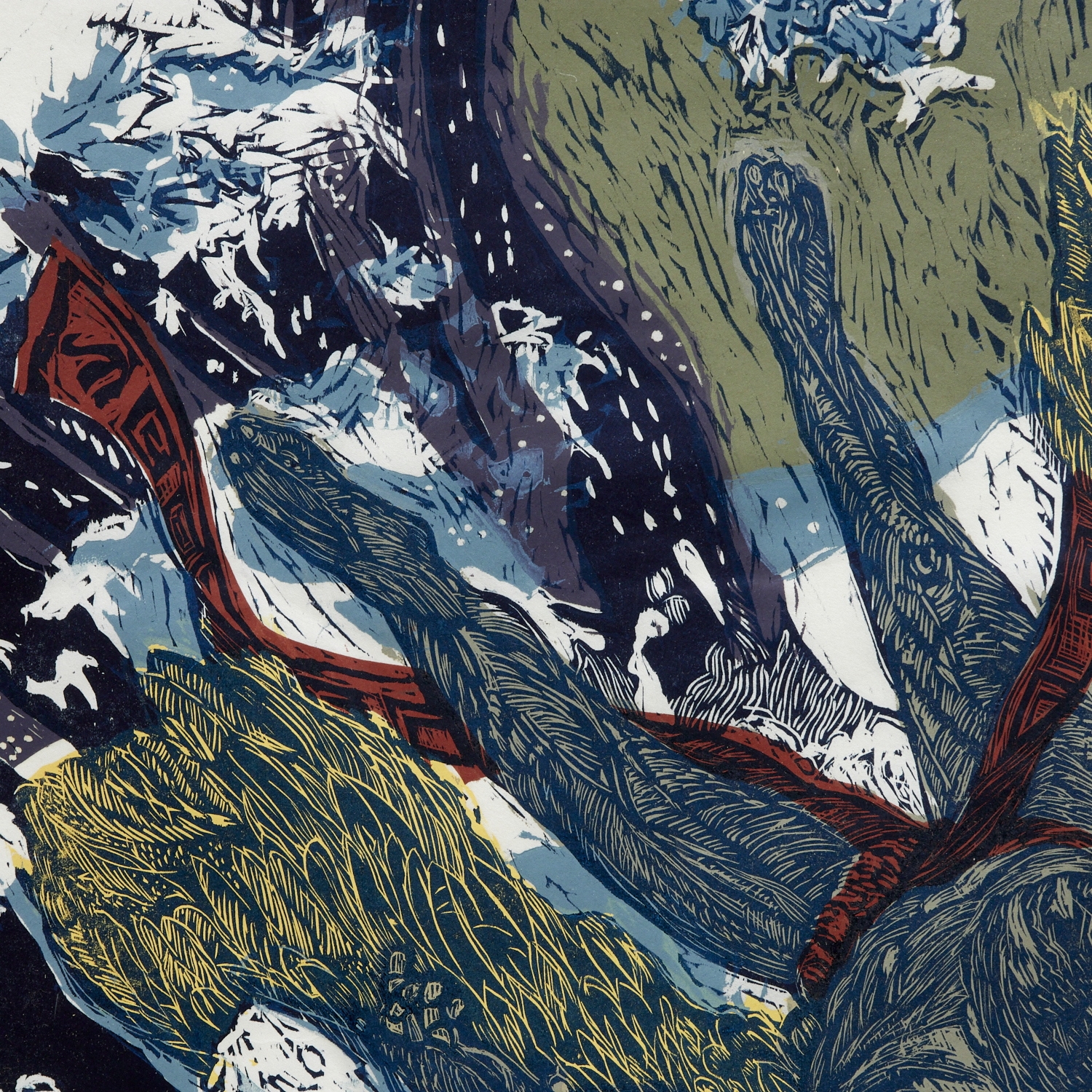 Artwork by Donald Axleroad, Icarus and the Giant Wave, Made of woodcut