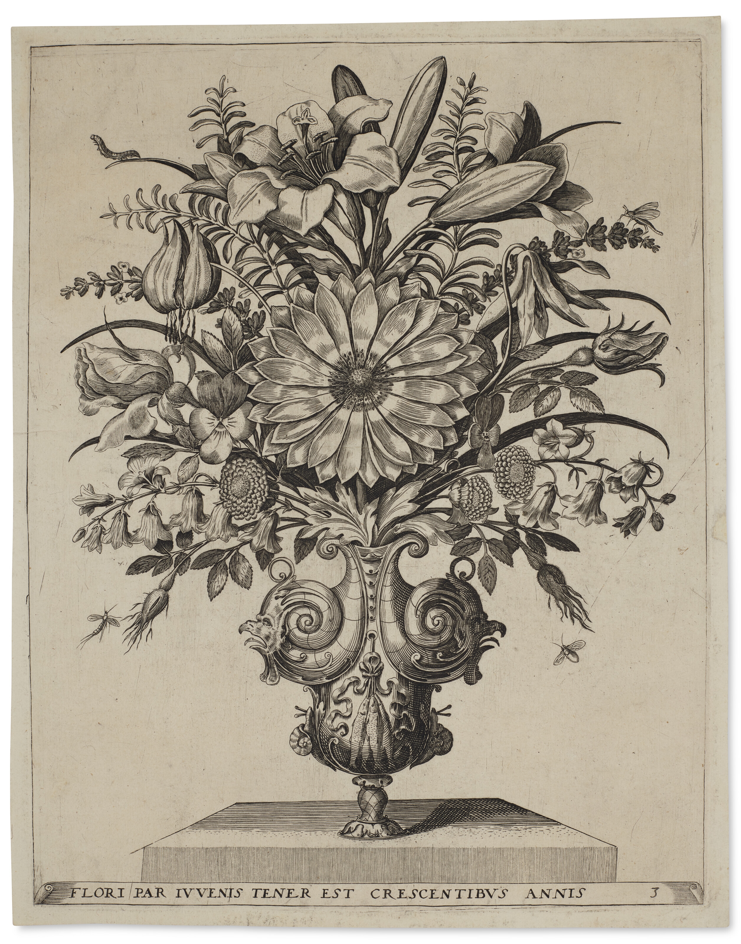 A suite of emblematic florilegium, featuring bouquets in ornate vases, surrounded by insects, and one snail by Johann Theodor De Bry, Jakob Kempener, 1604