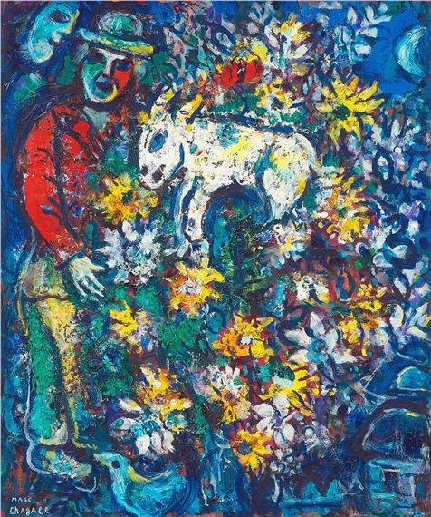 A vibrant expressionist painting of a figure in a red coat standing amidst a dense, colorful garden.