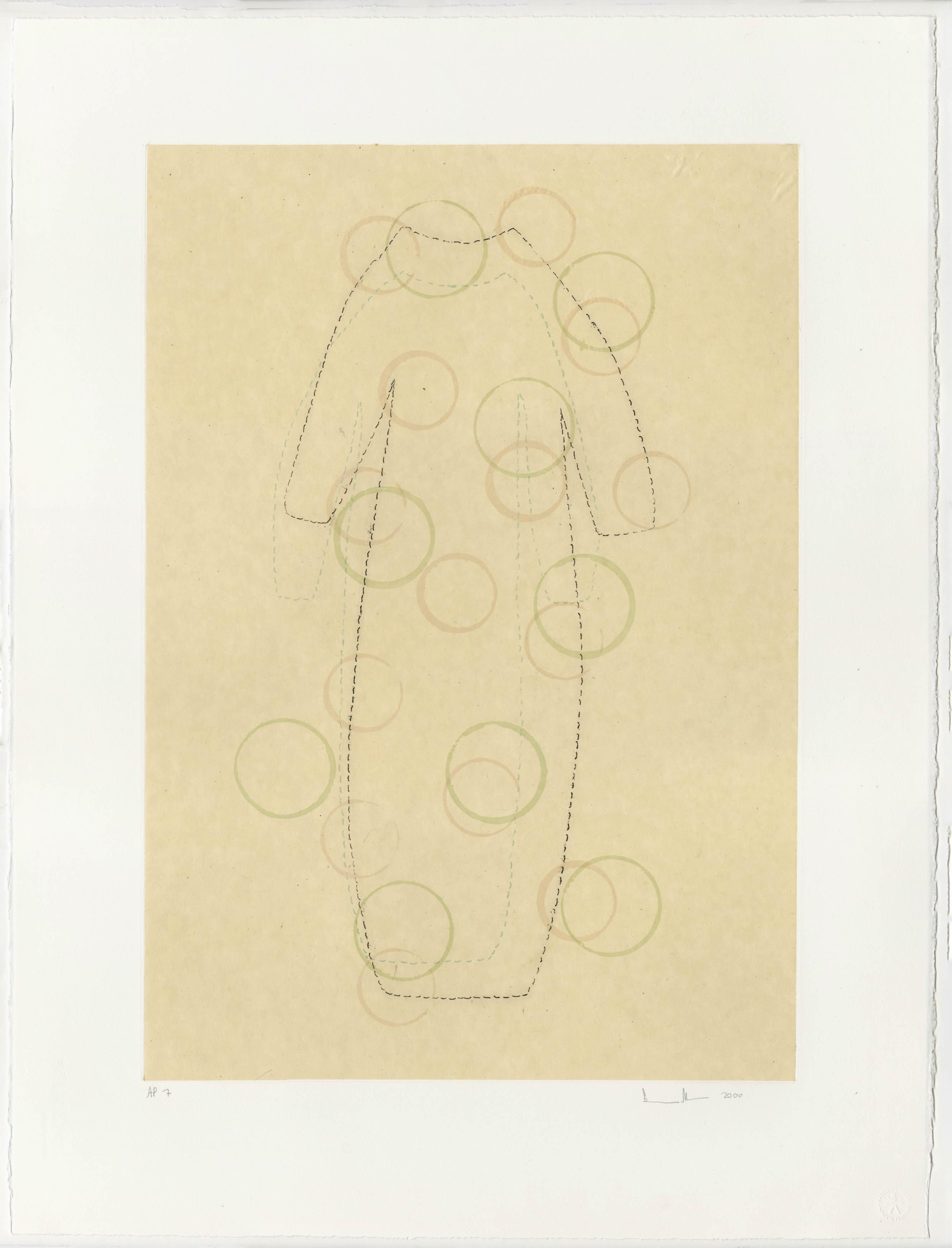 Artwork by Lynn Beldner, Two Stitched Dresses, Made of aquatint etching with chine collé