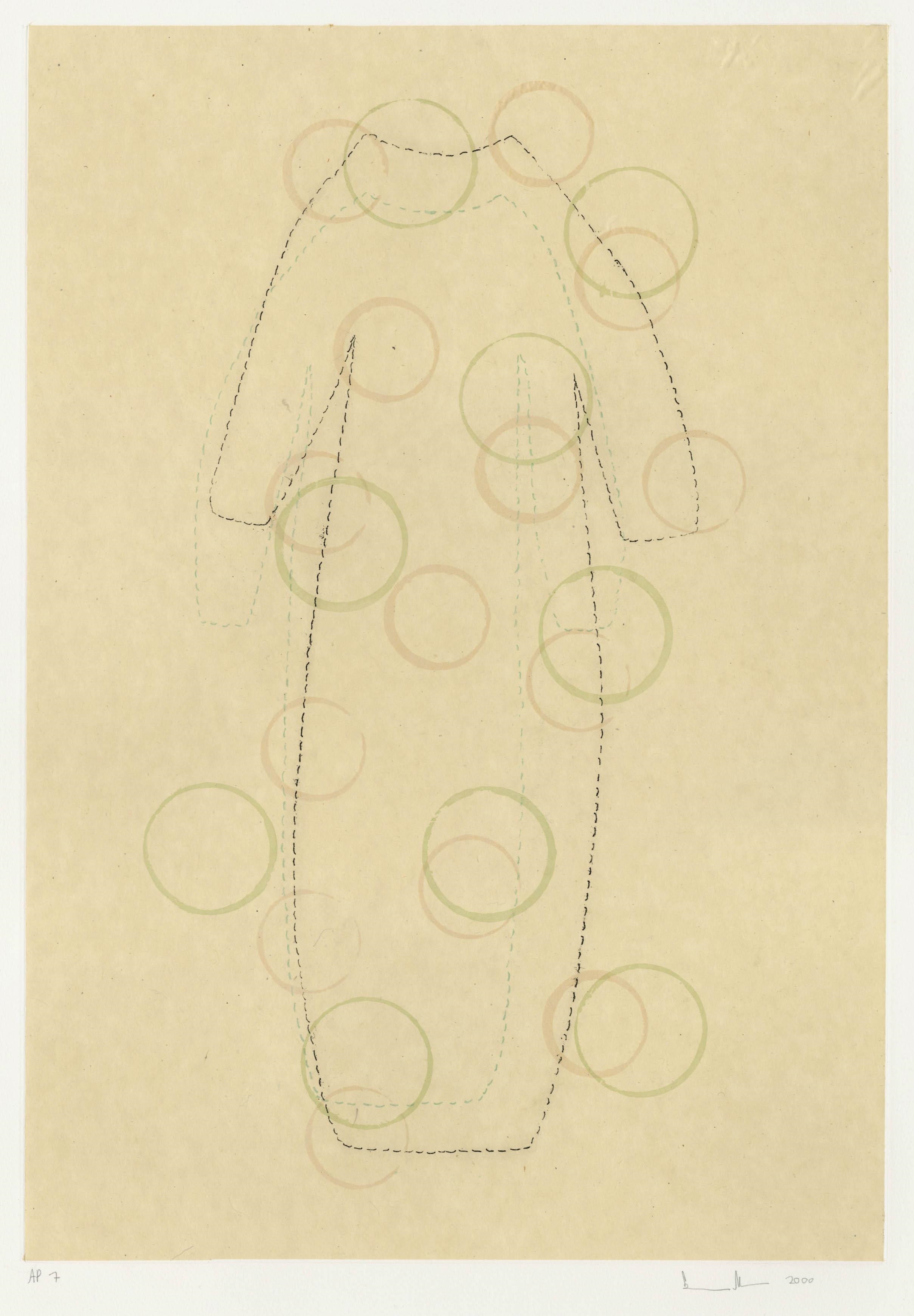 Artwork by Lynn Beldner, Two Stitched Dresses, Made of aquatint etching with chine collé