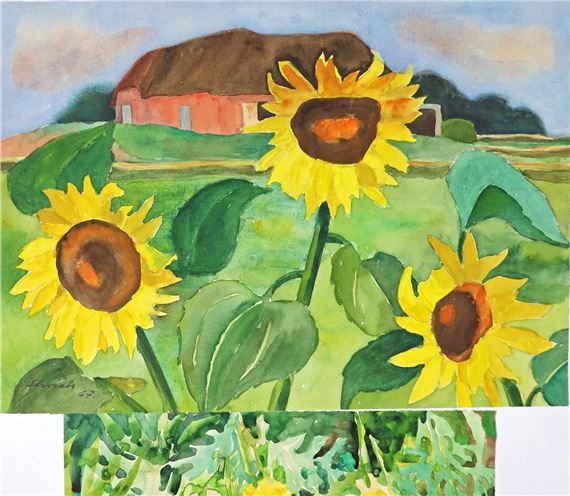 Zwei Aquarelle mit Blumen bzw. Sonnenblumen vor einem Gehöft - Otto Ehrich