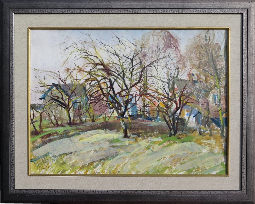 Artwork by Jānis Pauļuks, Apple Garden, Made of oil on cardboard