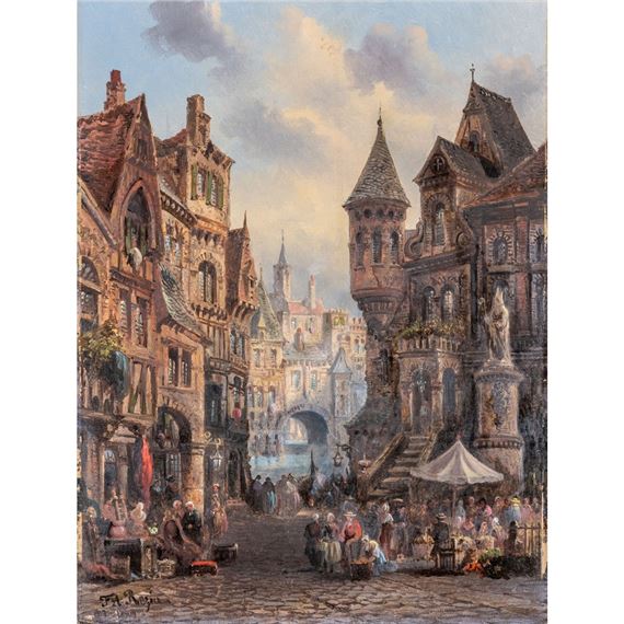 Mittelalterliche Stadt am Fluss by Felice Auguste Rezia, 1889