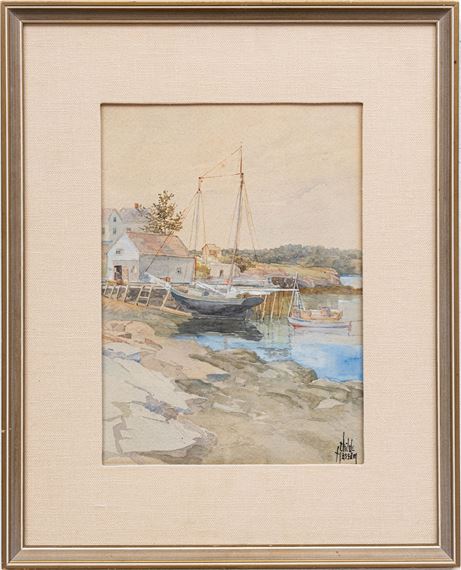 Childe Hassam (American, 1859-1935) Watercolor on Paper, C. 1885, View of Rockport Inner Harbor, H 12.25" W 9.25" by Childe Hassam