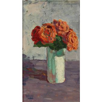 Bloemstilleven met rode rozen in vaas - Jacob Boudewijn Volkers