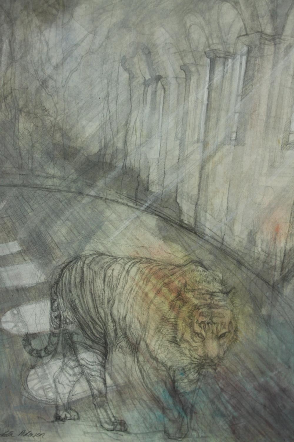 Artwork by Leila Pedersen, Tiger against a classical background, Made of Crayon on paper