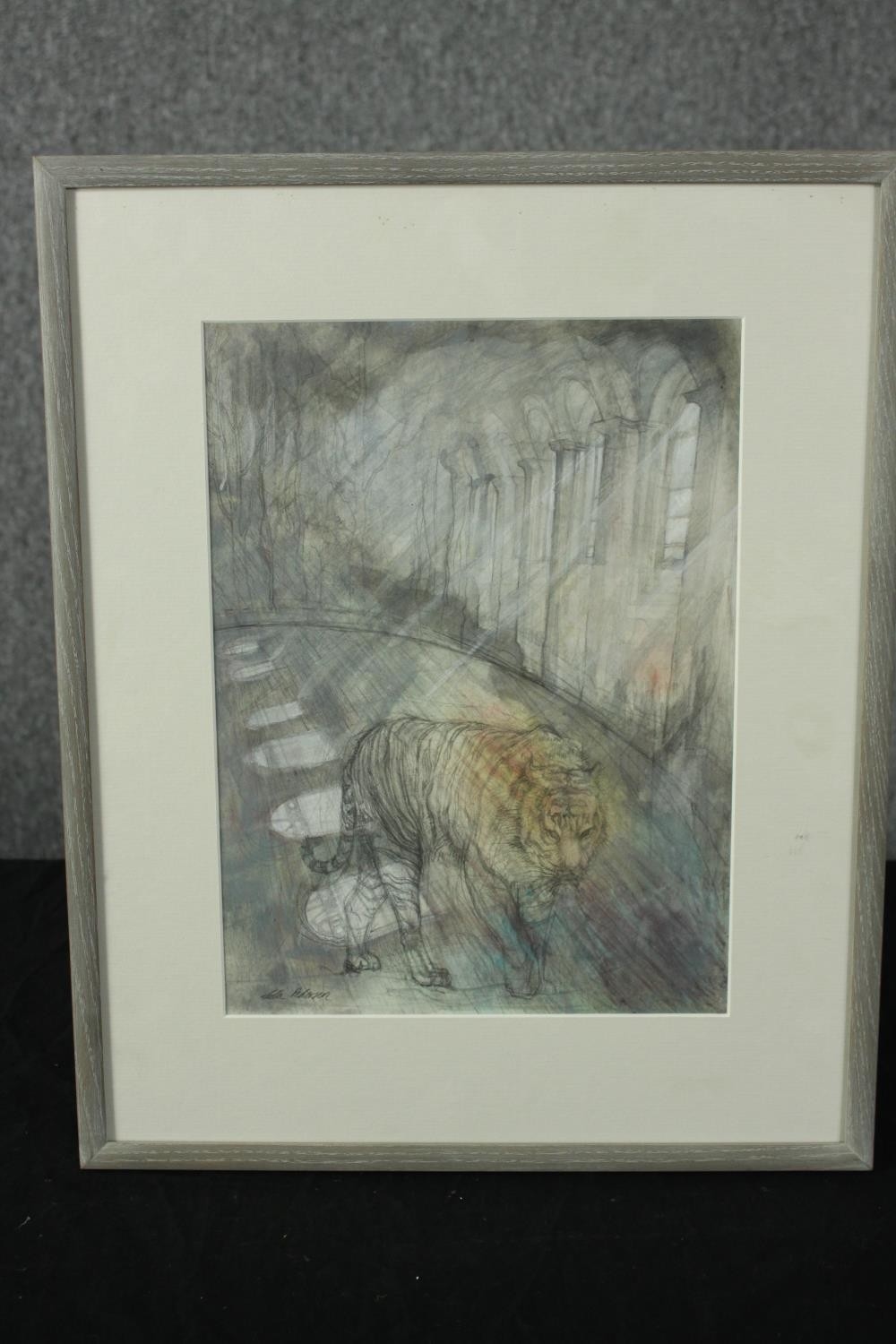 Artwork by Leila Pedersen, Tiger against a classical background, Made of Crayon on paper
