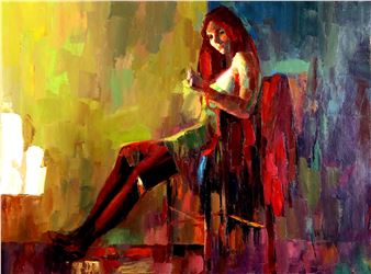 A vibrant, impressionistic portrait of a seated figure in a colorful, abstract interior.