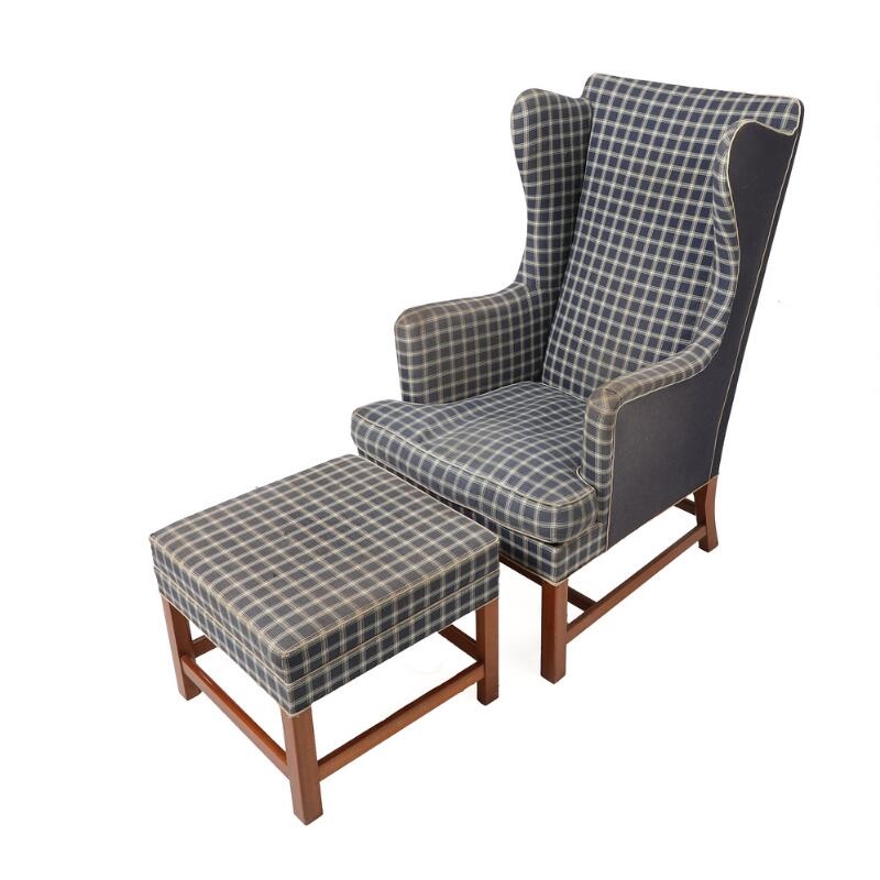 Kaare Klint Wingback chair and matching stool with mahogany frame (1941) MutualArt