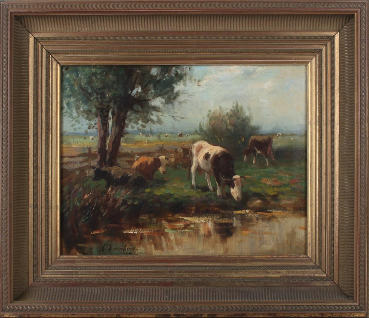 Artwork by Karel Roelof Verschuur, Cows in a meadow near the ditch, Made of oil paint/canvas