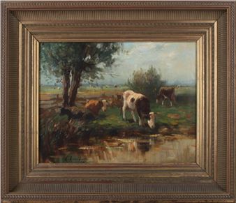Cows in a meadow near the ditch - Karel Roelof Verschuur
