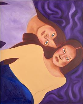 A surreal painting of two faces merging into a single body against a purple background.