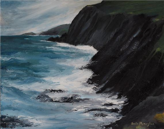 A dramatic seascape painting of crashing waves against dark cliffs.