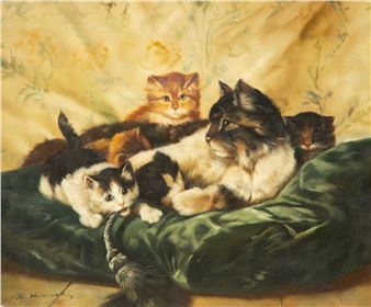 Cat with Kittens on Green Pillow - W. Honey
