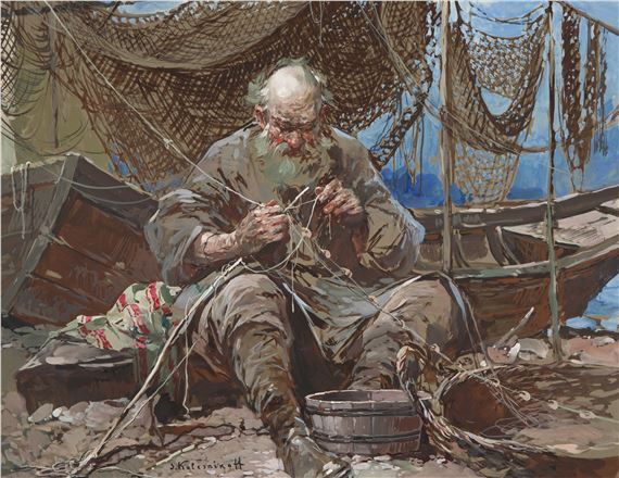 1930’s ビンテージアート Mending Fishing Net Stepan Fedorovich Kolesnikov | Fisherman Mending Nets, circa 1930s