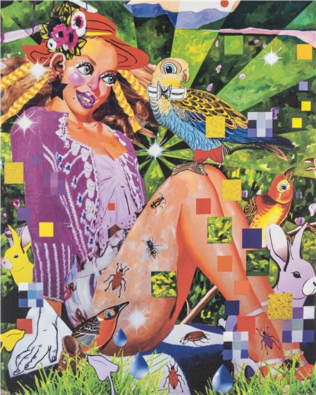 A vibrant, surreal portrait of a seated figure surrounded by nature and insects.