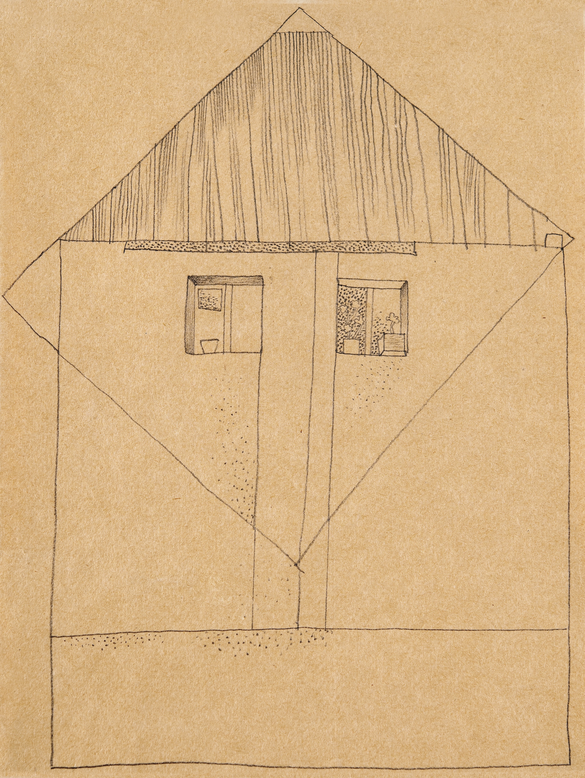 Artwork by Lajos Vajda, House with Flowerpot in the Windows, Made of Pencil on paper