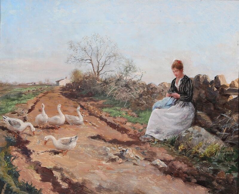 Artwork by Carl Eduard Dettloff, Scenery with geese and a sitting young woman, Made of Oil on plate