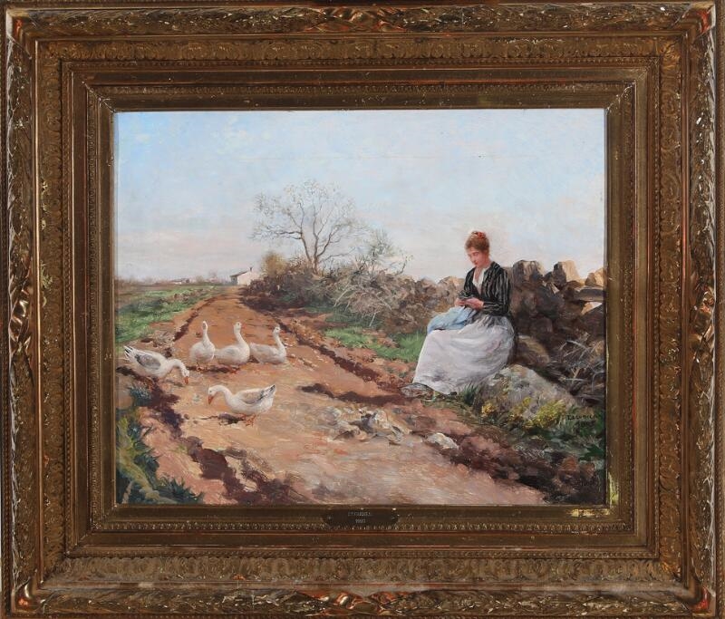 Artwork by Carl Eduard Dettloff, Scenery with geese and a sitting young woman, Made of Oil on plate