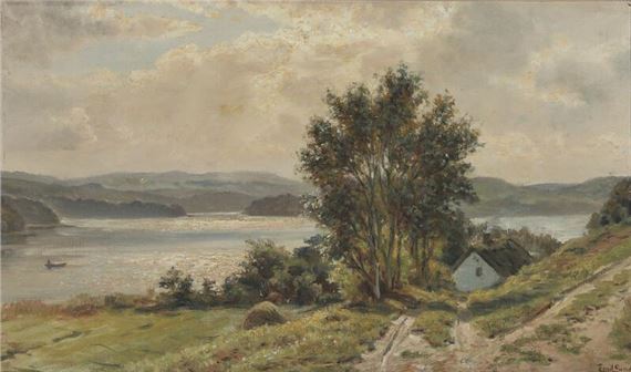 View from a white farmhouse overlooking the water by Emil Carl Lund