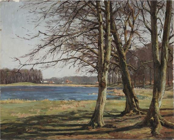 View from the edge of a forest lake by Marinus Nielsen, dated 1928