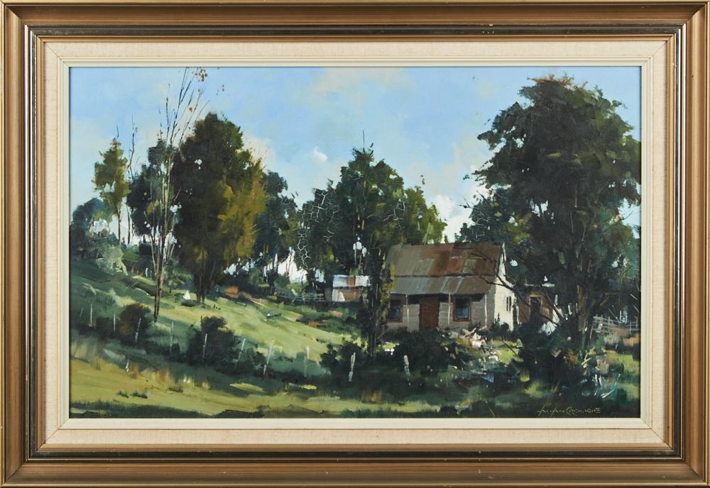 Artwork by Allan Crombie, Roadshide Cottage, Late Afternoon, Motueka Area, Nelson, Made of acrylic on board