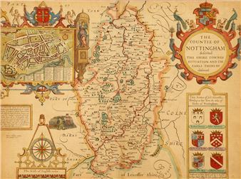 Nottinghamshire. In Wappenkartusche: 'The Countie Of Nottingham described, The Shire Townes Situation And The Earls There of observed'. Zeigt die Grafschaft Nottinghamshire sowie eine Inselkarte mit Plan der Stadt Nottingham und eine Tafel mit den Wappen der Earles of Nottingham. Des weiteren englischer Meilenzeiger und Legende. Teilkol. Kupferstich von Jodocus Hondius, 1610 dat. 37,5 x 50,5 cm. Gl. u. R. Provenienz Münchner Privatsammlung. - Jodocus Hondius