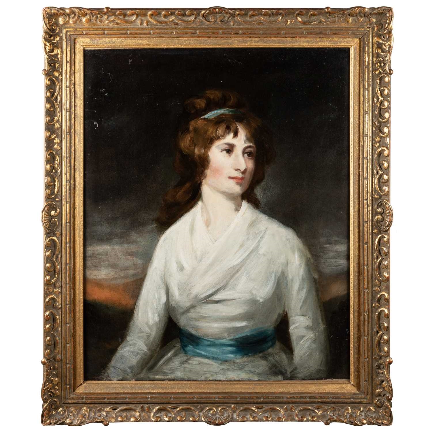 George Romney | PORTRAIT OF A LADY IN WHITE DRESS AND BLUE SASH | MutualArt