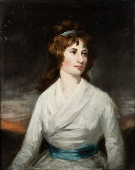 George Romney | PORTRAIT OF A LADY IN WHITE DRESS AND BLUE SASH | MutualArt