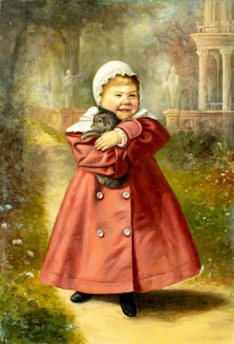 H L Ritchie Girl in Red Coat with Cat MutualArt