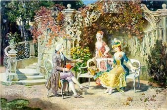 Garden Scene with Man and Two Ladies - Emmanuel Oberhauser