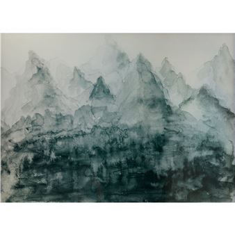 A misty ink landscape of jagged mountains rising from a dark, textured foreground.