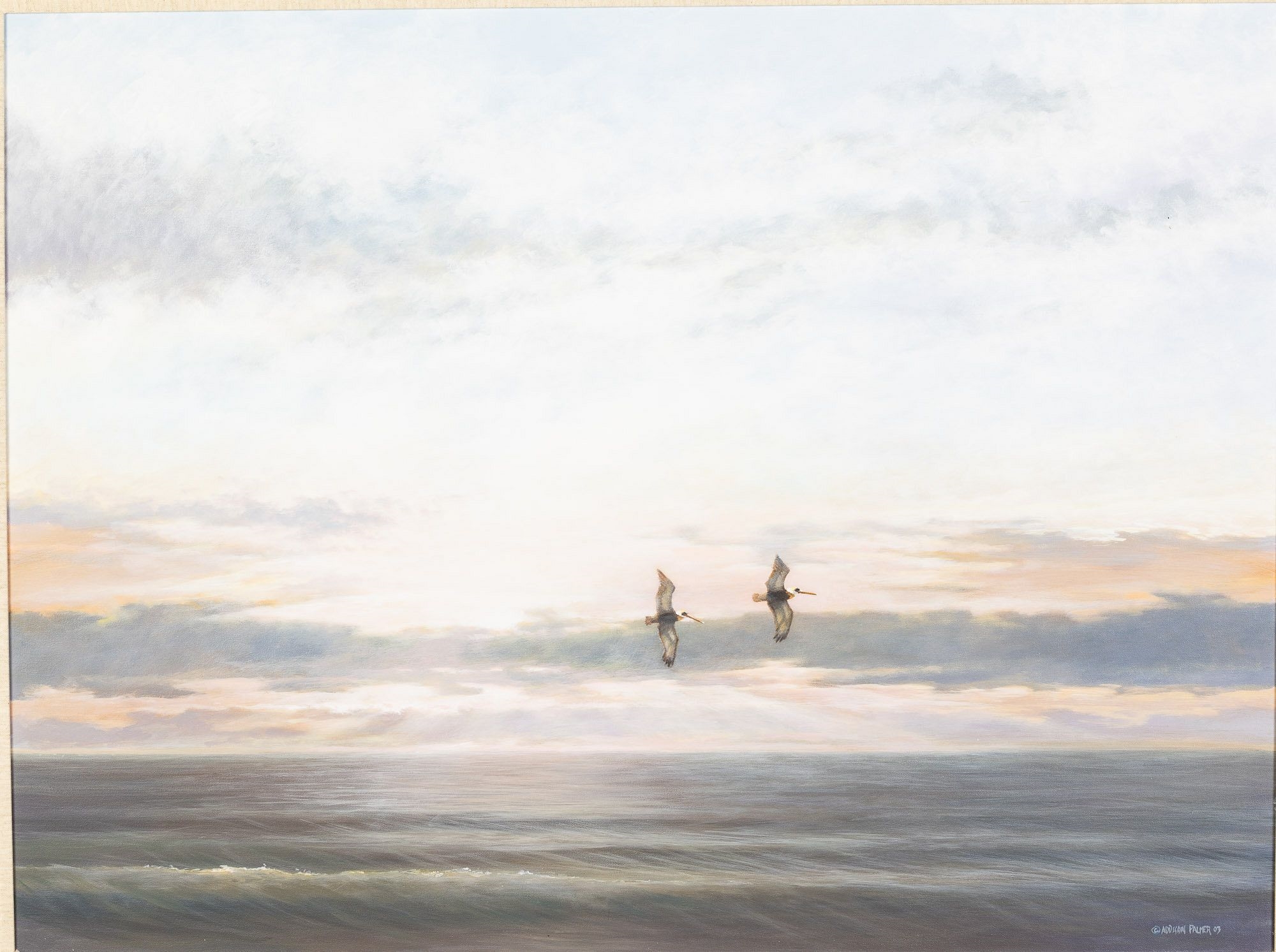 Artwork by Addison Palmer, Pelicans in Flight, Made of Oil on Canvas