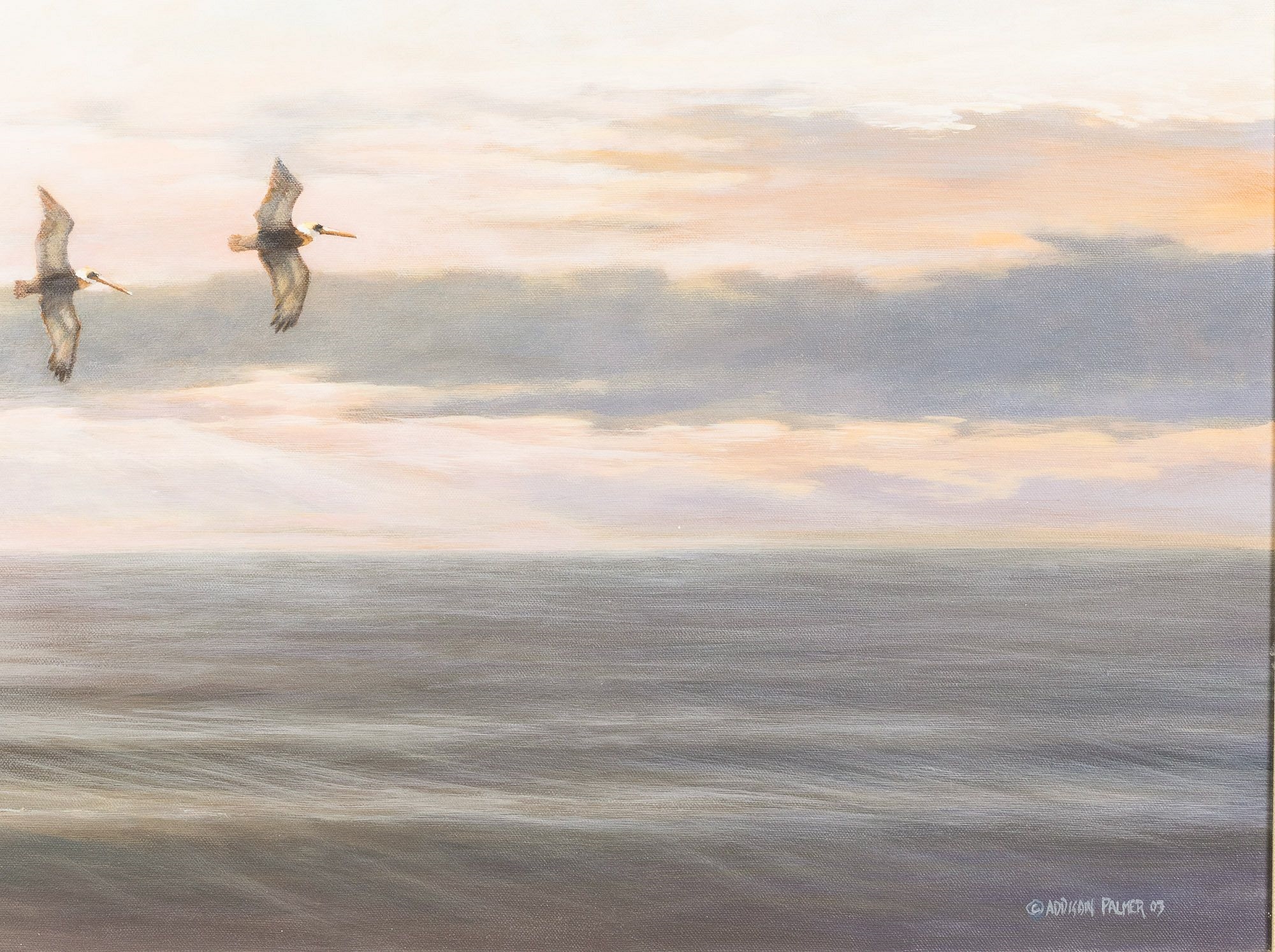 Artwork by Addison Palmer, Pelicans in Flight, Made of Oil on Canvas