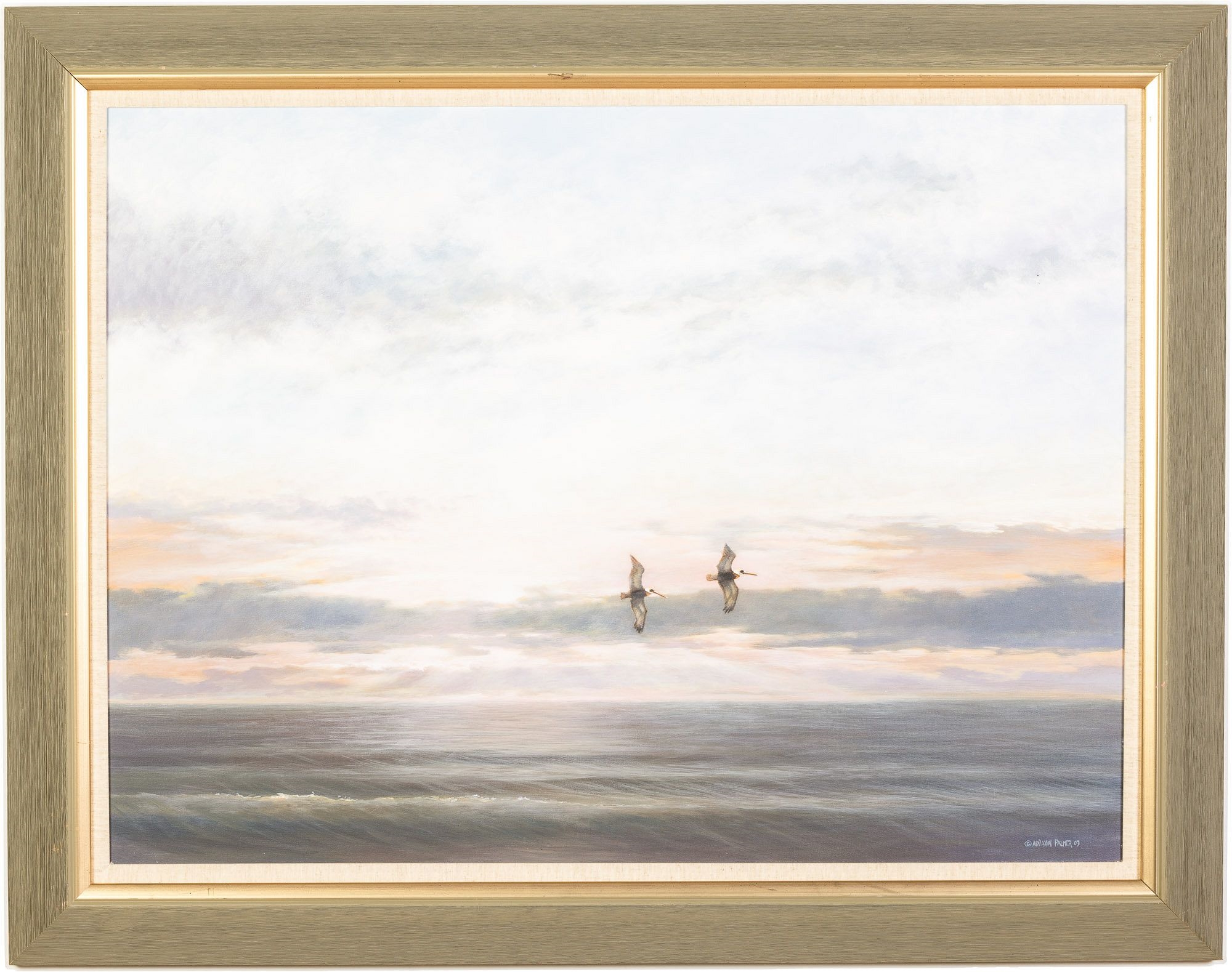 Artwork by Addison Palmer, Pelicans in Flight, Made of Oil on Canvas