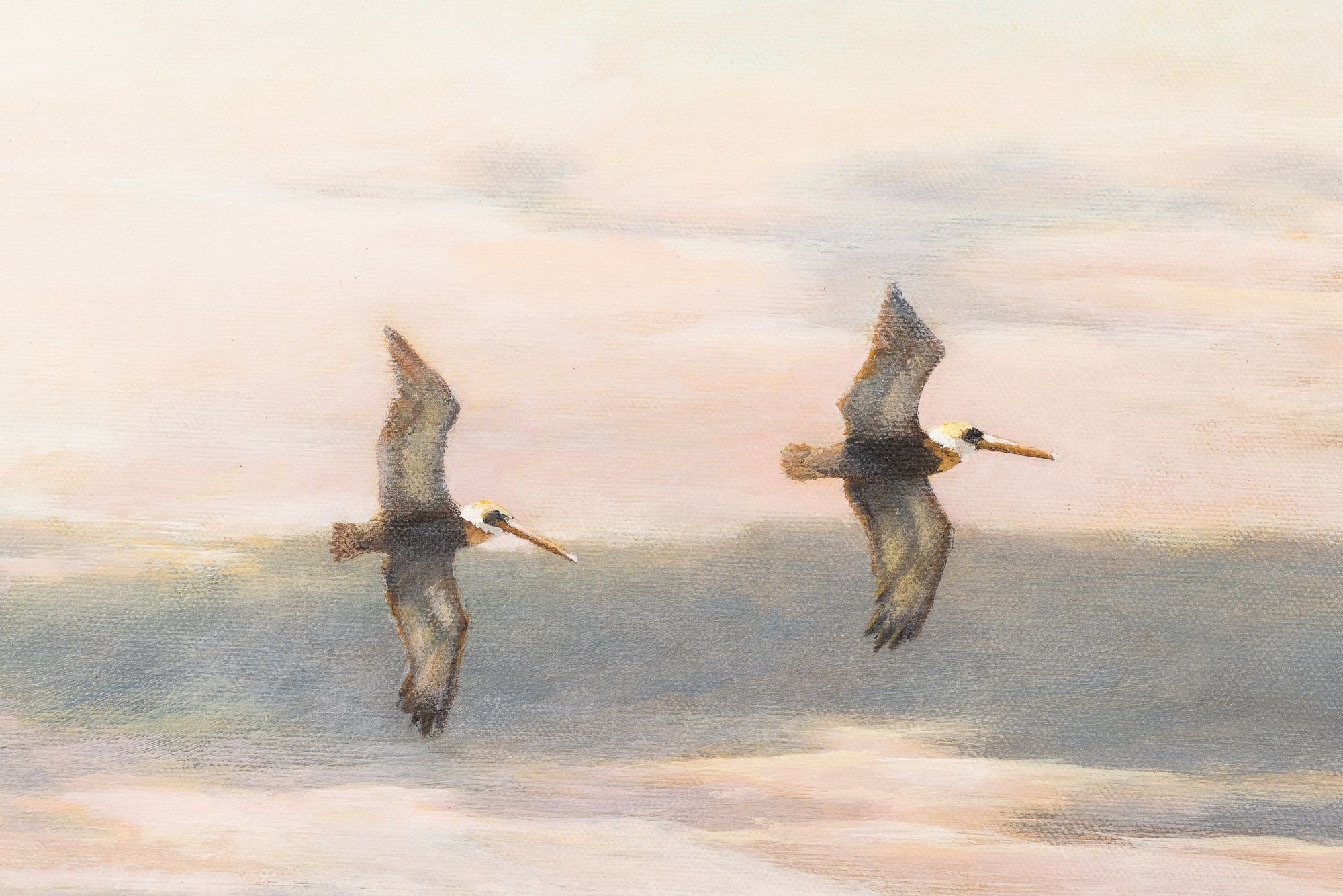 Artwork by Addison Palmer, Pelicans in Flight, Made of Oil on Canvas