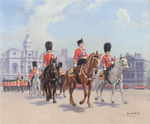 HM The Queen at the Head of the Guards after the Ceremony of Trooping The Colour by Conrad Heighton Leigh
