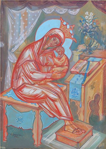 A religious icon depicting a crowned figure holding a child, rendered in bold reds and blues with a stylized, flat aesthetic.