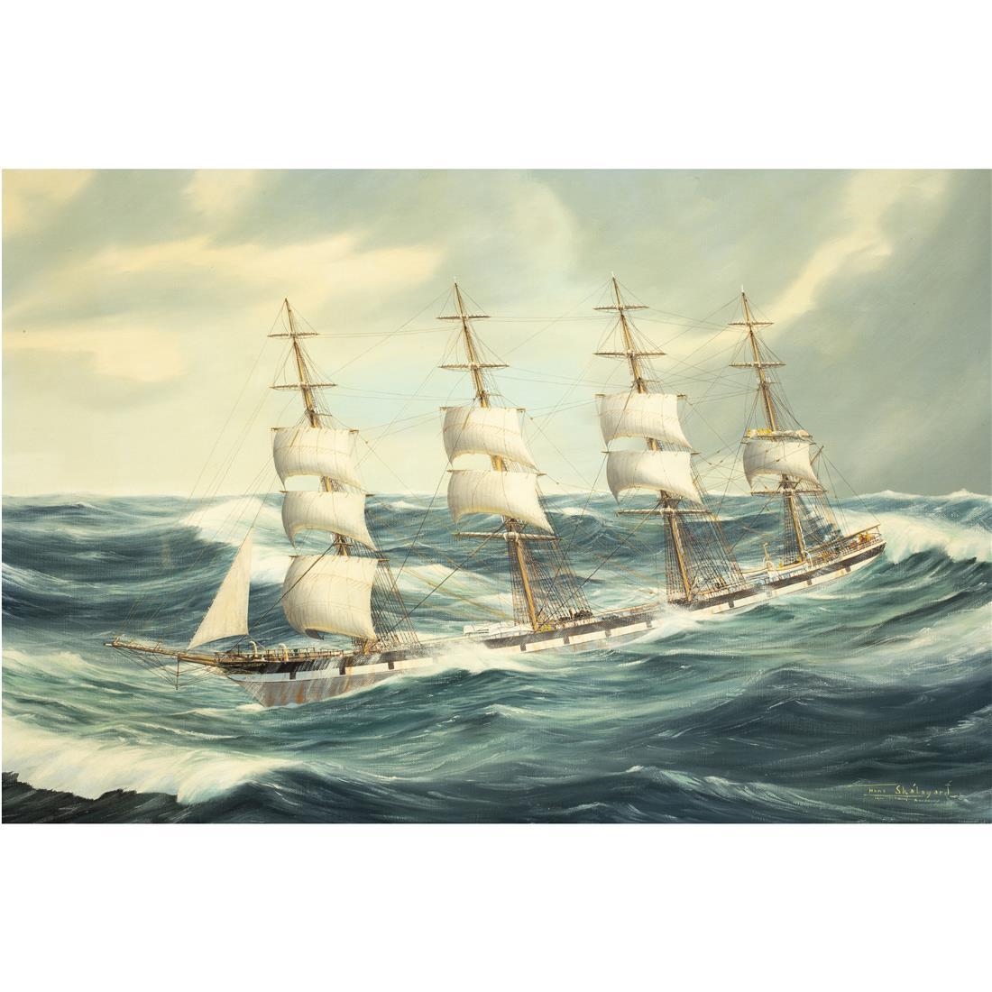 Artwork by Hans Skalagard, "British Four-Masted Full-Rigged Ship, County of Selkirk,", Made of oil on canvas