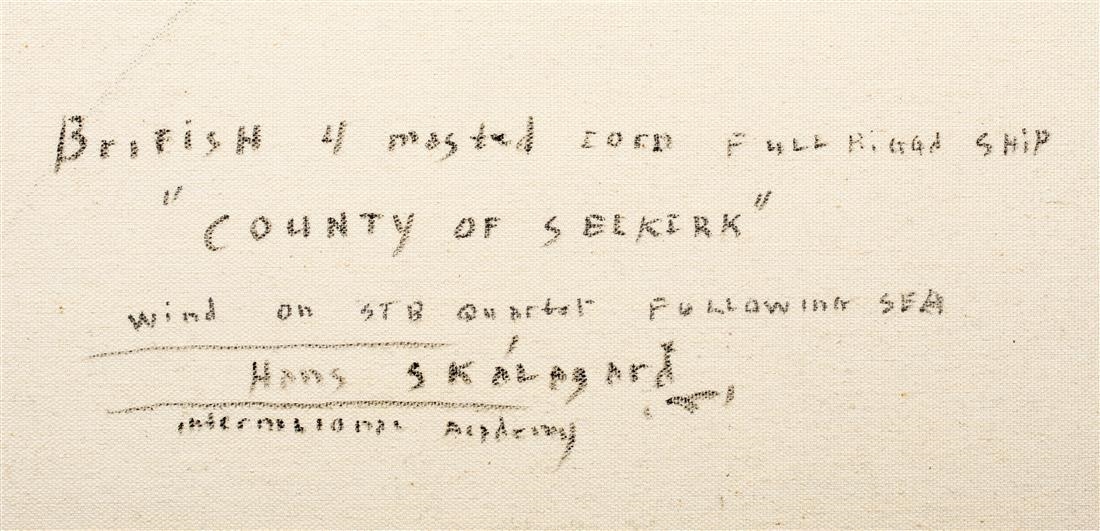 Artwork by Hans Skalagard, "British Four-Masted Full-Rigged Ship, County of Selkirk,", Made of oil on canvas