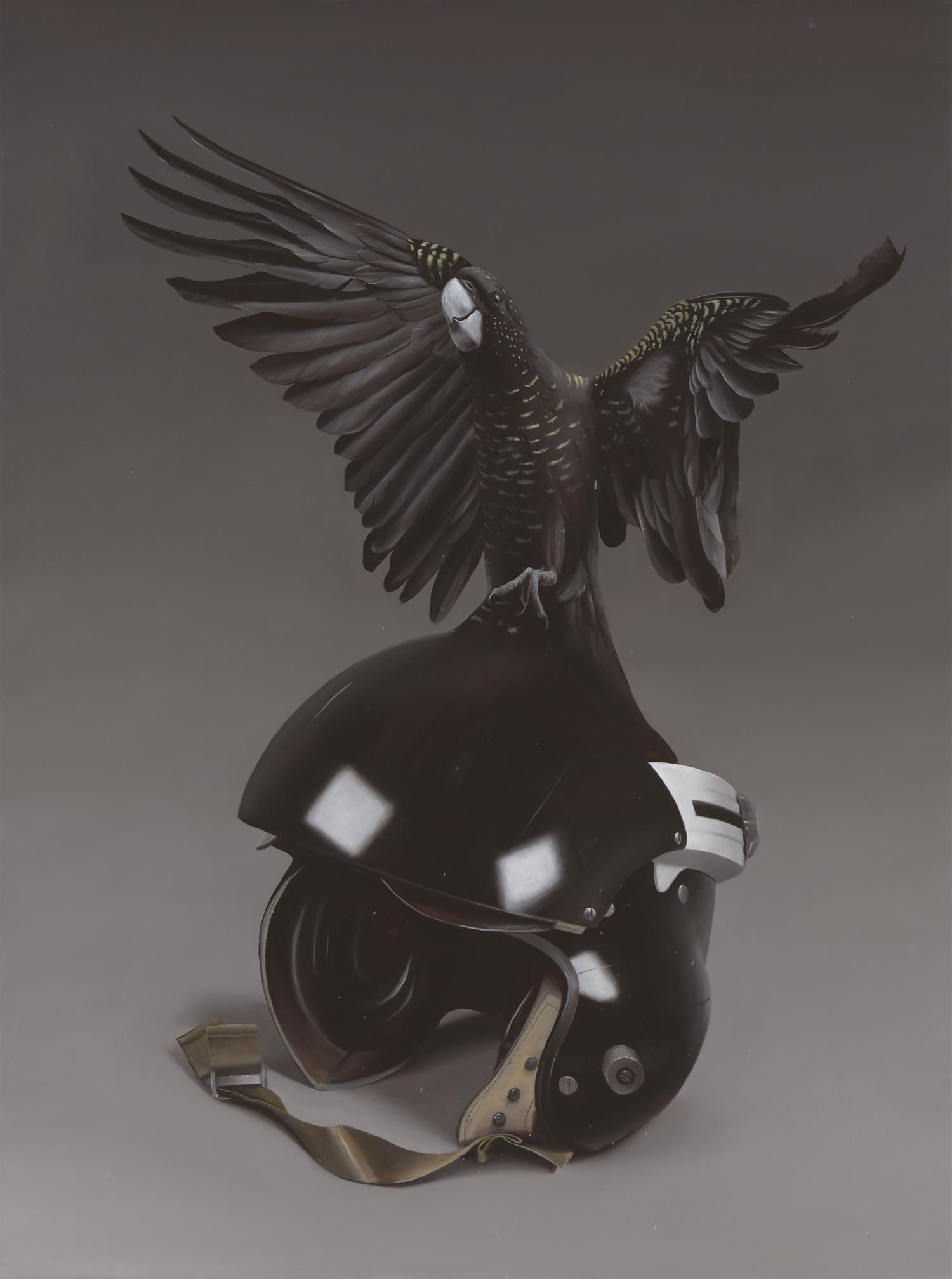 Artwork by Sam Leach, Black Cockatoo with Helmet 2019, Made of oil on linen