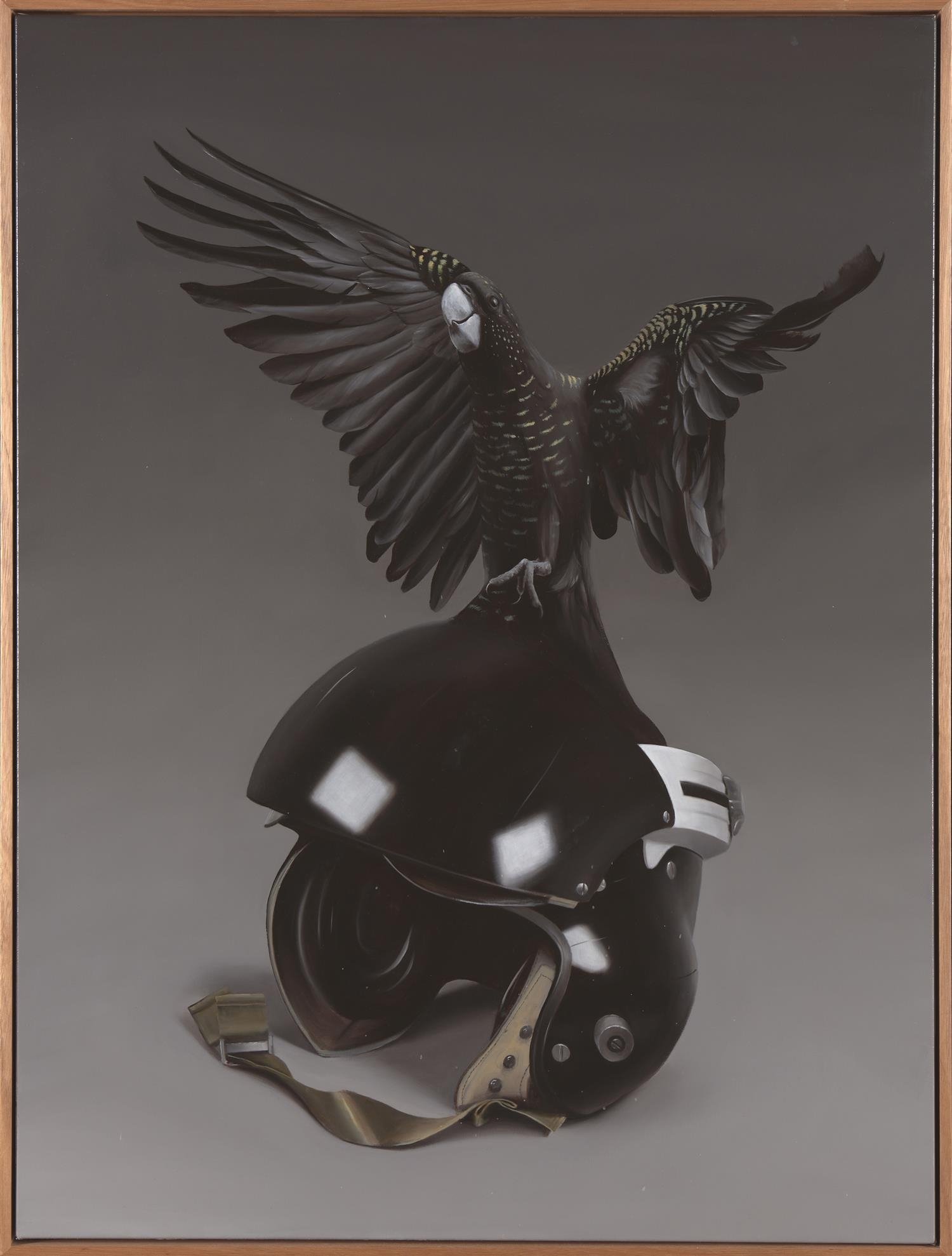 Artwork by Sam Leach, Black Cockatoo with Helmet 2019, Made of oil on linen